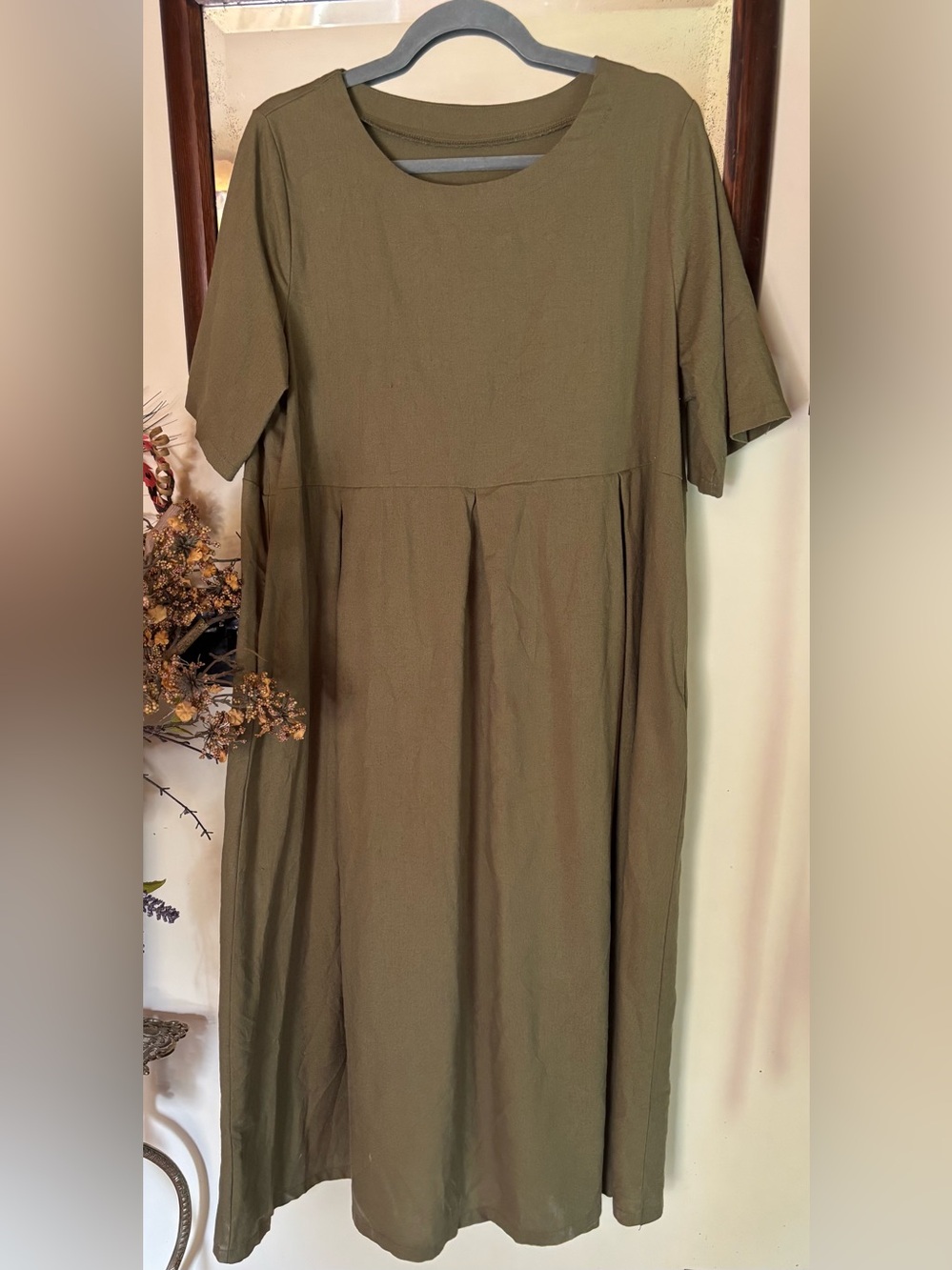 Army Olive Green Linen Blend Maxi Dress Pockets Lagenlook Minimalist Boho Sz XL